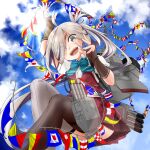  adapted_turret aqua_bow aqua_bowtie asashimo_(kancolle) asashimo_kai_ni_(kancolle) asymmetrical_legwear blazer blue_sky boots bow bowtie cloud cloudy_sky fangs fingerless_gloves flag gloves grey_hair hair_over_one_eye highres jacket kantai_collection looking_at_viewer machinery mismatched_legwear outdoors pleated_skirt shirt short_sleeves skirt sky sleeves_rolled_up smile sparkling-rain sunlight thighhighs torpedo_launcher torpedo_tubes vest white_shirt 