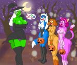 4_toes 5_fingers anthro big_breasts blue_body blue_eyes blue_fur bow_ribbon breasts brown_eyebrows brown_hair butt canid canine clothed clothing cookingart dipstick_ears dipstick_tail domestic_cat dress ear_markings eyebrows feet felid feline felis female fingers fur genitals gloves gloves_(marking) green_body green_nipples group hair halloween handwear hat headgear headwear hi_res holding_object holidays human innie_vulva leg_markings leggings legwear magic mammal markings moon multicolored_body multicolored_ears multicolored_fur night nipple_slip nipples open_mouth orange_eyes outside panties pink_body pink_eyebrows pink_fur pink_hair pink_nipples plant red_eyes shaded shocked socks_(marking) standing star tail tail_markings tan_body tan_fur toes tongue tongue_out tree underwear vulva white_eyebrows white_hair witch_hat yellow_eyes
