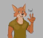  absurd_res anthro athletic athletic_anthro athletic_male canid canine clothing disney english_text fox gesture hi_res male mammal robin_hood robin_hood_(disney) shirt simple_background sketch smile solo text topwear unknown_artist_(artist) v_sign 