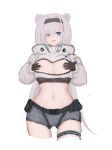  1girl animal_ears arknights aurora_(arknights) bear_ears bear_girl black_gloves black_hairband blue_eyes breastless_clothes breasts breasts_out cleavage_cutout clothing_cutout cowboy_shot cropped_jacket cropped_legs dlin_(nnnl521) extra_ears gloves grey_hair grey_shorts hair_over_one_eye hairband hands_on_own_breasts highres jacket large_breasts long_hair long_sleeves midriff navel nipples no_bra open_mouth shorts simple_background sketch solo thigh_strap white_background white_jacket 