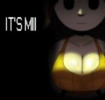  1girl :| bare_shoulders black_background black_eyes black_hair breast_focus breasts brown_hair cleavage close-up closed_mouth collarbone copyright_name crop_top dark dark_background dim_lighting empty_eyes english_text expressionless five_nights_at_freddy's glowing highres hollow_eyes horror_(theme) huge_breasts large_breasts looking_at_viewer medium_hair midriff mii_(nintendo) mii_gunner mii_gunner_(smash_4) nintendo no_pupils orange_shirt parody parted_bangs scene_reference scott_falco shiny_skin shirt short_hair simple_background solid_circle_eyes solid_eyes solid_oval_eyes solo sports_bra tank_top upper_body 