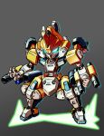  aqua_eyes arm_cannon armor blue_outline clenched_hand commentary_request facing_viewer full_body glowing glowing_eyes grey_background highres horns joints mecha mecha_focus medarot metabee no_humans no_pupils open_hand outline redesign robo_misucha robot robot_joints science_fiction scope simple_background single_horn standing weapon 