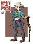  1girl absurdres alternate_costume animal_ears belt blue_pants blue_shirt breasts brown_belt brown_shoes collared_shirt commentary commission commissioner_name cowboy_hat denim english_commentary full_body grey_hair gun hand_on_own_hip hat highres holding holding_gun holding_weapon jeans jewelry kasuya_baian long_sleeves looking_at_viewer medium_hair midriff mouse_ears mouse_girl mouse_tail navel nazrin necklace pants pendant puff_of_air rifle second-party_source shirt shoes signature small_breasts solo tail touhou weapon 