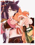  2girls absurdres animal_ears bandaid bandaid_on_face bandaid_on_nose belt black_bow black_skirt border bow brown_belt closed_mouth commentary cropped_shirt dog_tags ear_bow fingerless_gloves fur-trimmed_jacket fur_trim gloves green_jacket heart_hands_failure highres horse_ears horse_girl jacket long_hair long_sleeves mayano_top_gun_(scramble_zone)_(umamusume) mayano_top_gun_(umamusume) midriff multiple_girls narita_brian_(maverick)_(umamusume) narita_brian_(umamusume) navel orange_hair purple_gloves signature skirt thumbs_down umamusume very_long_hair white_border white_jacket yellow_eyes yonu_(yonurime) yuri 