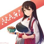  1girl akagi_(kancolle) bowl breasts brown_eyes brown_hair character_name commentary_request food hakama hakama_skirt highres holding holding_bowl huge_breasts japanese_clothes kantai_collection long_hair muneate red_hakama seiya_(iiseven) skirt solo straight_hair tasuki thumbs_up very_long_hair 