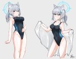  1girl animal_ear_fluff animal_ears bangs black_swimsuit blue_archive blue_eyes breasts competition_swimsuit covered_navel cross_hair_ornament extra_ears feet_out_of_frame grey_background grey_hair hair_ornament halo highres low_ponytail medium_breasts medium_hair mismatched_pupils multicolored_clothes multicolored_swimsuit multiple_views one-piece_swimsuit shiroko_(blue_archive) shiroko_(swimsuit)_(blue_archive) simple_background standing swimsuit towel yukine_sama 