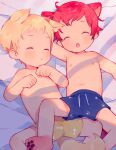  2boys animal_ears animal_hands blonde_hair cat_ears closed_eyes commentary extra_ears facing_viewer highres kemonomimi_mode male_child male_focus multiple_boys navel nipples original red_hair shorts sleeping tail thebrushking topless_male 