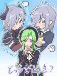  ... 2girls :t ? ascot assault_lily beret black_bow black_bowtie black_hat black_horns black_jacket black_ribbon blue_background blue_eyes blue_outline blush bow bowtie braid braided_ponytail cake cake_slice closed_mouth commentary demon_horns detached_sleeves eating food frilled_sleeves frills gradient_background green_hair green_outline grey_hair hair_between_eyes hair_bow hair_over_one_eye hand_on_own_chin hand_on_own_elbow hands_up hat highres holding holding_plate horns jacket juliet_sleeves kasa_(kasa_mayulove) long_hair long_sleeves looking_ahead looking_at_viewer medium_hair multiple_girls multiple_views murakami_tokiwa neck_ribbon one_eye_covered open_clothes open_jacket outline parted_bangs plate puffy_sleeves purple_eyes ribbon school_uniform sekino_youko short_sleeves single_braid smile speech_bubble spoken_ellipsis spoken_question_mark spoon standing translated two-tone_background upper_body utensil_in_mouth very_long_hair white_ascot white_background yurigaoka_girls_academy_school_uniform 