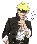  1boy alternate_costume bandaid bandaid_on_cheek bandaid_on_face bandaid_on_nose black_headband black_jacket black_pants blonde_hair blue_eyes facial_mark furrowed_brow gakuran gold_buttons hand_in_pocket headband highres jacket male_focus naruto_(series) okbdko123 open_mouth pants school_uniform shirt short_hair solo spiked upper_body uzumaki_naruto whisker_markings white_background white_shirt wiping_mouth 