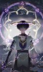  1boy alternate_costume alternate_universe artist_name blindfold blurry blurry_background bridal_gauntlets chinese_commentary closed_mouth commentary_request earrings electricity expressionless genshin_impact glowing grey_background hair_between_eyes halo headpiece highres holding holding_sword holding_weapon japanese_clothes jewelry katana lofter_username long_sleeves musou_isshin_(genshin_impact) pendant powering_up procreate_(medium) purple_hair scaramouche_(genshin_impact) single_earring single_wide_sleeve solo standing sword upper_body wanderer_(genshin_impact) watermark weapon wnmuwnmu 