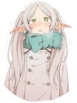  1girl :o blue_scarf blush border breath buttons commentary double-breasted eitopondo elf frieren green_eyes highres jacket long_hair long_sleeves open_mouth parted_bangs pointy_ears round_border scarf simple_background solo sousou_no_frieren twintails upper_body very_long_hair white_background white_hair white_jacket 