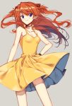  1girl bare_legs bare_shoulders blue_eyes blush breasts cleavage collar collarbone commentary_request dress floating_hair grey_background hand_on_own_hip highres interface_headset_(evangelion) legs_apart looking_to_the_side neon_genesis_evangelion orange_hair purple_eyes red_hair shadow simple_background skinny small_breasts smile souryuu_asuka_langley sunanogimo tsundere watch wristwatch yellow_dress 