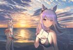  2girls animal_ears ashinowoto beach bikini black_bikini bow breast_hold breasts closed_mouth cloud cloudy_sky gold_ship_(umamusume) hair_bow horse_ears horse_girl horse_tail long_hair mejiro_mcqueen_(umamusume) multiple_girls ocean orange_bikini outdoors pillbox_hat purple_eyes purple_hair sand sky smile sun sunset swimsuit tail umamusume water 