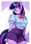  1girl absurdres animal_ears artist_name blue_hair blue_shirt blunt_bangs blush border bow bowtie breasts buttons closed_mouth collared_shirt commentary cowboy_shot crop_top crop_top_overhang cutie_mark drop_shadow english_commentary furry furry_female gravydood happy high-waist_skirt highres horns horse_ears horse_girl horse_tail light_blush long_hair looking_at_viewer medium_breasts midriff_peek miniskirt multicolored_hair my_little_pony outside_border pink_bow pink_bowtie pink_hair pleated_skirt puffy_short_sleeves puffy_sleeves purple_eyes purple_hair purple_horns purple_skirt shiny_skin shirt short_sleeves signature single_horn skirt smile solo standing streaked_hair tail twilight_sparkle white_border wide_hips 