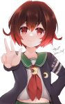  1girl absurdres artist_name blue_jacket brown_hair commentary_request crescent crescent_pin eiji_(monochromexd) gradient_hair green_sailor_collar highres jacket kantai_collection multicolored_hair mutsuki_(kancolle) neckerchief red_hair red_neckerchief sailor_collar school_uniform serafuku short_hair simple_background solo twitter_username upper_body v white_background 