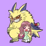  anthro bandai_namco brown_hair chibi claws digimon digimon_(species) digimon_ghost_game duo female fur gesture grin hair hamu_ym human lamortmon long_hair male mammal monster one_eye_closed orange_eyes ruri_tsukiyono smile v_sign winged_arms wings wink yellow_body yellow_fur 