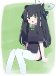  1girl :d absurdres animal_ear_fluff animal_ears bangs black_dress black_hair blue_archive blunt_bangs blush bow cropped_legs dress green_background green_bow green_eyes hair_ornament halo highres knees_together_feet_apart long_hair looking_at_viewer short_sleeves shun_(blue_archive) shun_(small)_(blue_archive) sitting smile solo thighhighs twintails two-tone_background uhouhogorigori very_long_hair white_background x_hair_ornament 