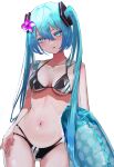 1girl aqua_eyes aqua_hair bikini black_swimsuit breasts flower hatsune_miku hibiscus highres innertube long_hair looking_at_viewer navel open_mouth rerendi simple_background solo swimsuit twintails vocaloid 