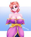  1girl absurdres aka_nobodyy bare_shoulders breasts chronoa cleavage closed_mouth collarbone colored_skin detached_sleeves dragon_ball dragon_ball_xenoverse dress earrings highres jewelry large_breasts looking_at_viewer orange_hair pink_skin pointy_ears potara_earrings purple_dress short_hair smile solo twitter_username 