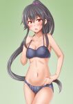  1girl anti_(untea9) bare_arms bare_legs bare_shoulders bikini black_bikini black_hair blush breasts cleavage collarbone cowboy_shot green_background groin hair_between_eyes highres kantai_collection long_hair navel open_mouth ponytail red_eyes solo swimsuit yahagi_(kancolle) 