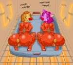 5_fingers anal anal_penetration anthro apple appliance bdsm black_nose bodily_fluids breasts brown_eyebrows brown_hair carrot character_prepared_as_food cookingart domestic_cat duo english_text eyebrows felid feline felis female fingers food food_fetish food_gag food_insertion food_play fruit fur gag genitals hair hairless hi_res imminent_death improvised_sex_toy kitchen_appliance looking_pleasured mammal multicolored_body multicolored_fur orange_eyes oven pan pawpads penetration pink_body pink_fur pink_hair pink_nose plant red_eyes shaded sweat tailless text vaginal vaginal_penetration vegetable vulva