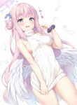  1girl angel_wings bangs bare_arms bare_shoulders blue_archive blue_hair blunt_bangs blush breasts commentary feathers gradient_hair hair_bun hair_ornament halo highres long_hair looking_at_viewer low_wings medium_breasts mika_(blue_archive) multicolored_hair open_mouth pink_hair purple_eyes ribbed_sweater scrunchie sideboob simple_background single_side_bun sleeveless sleeveless_sweater sleeveless_turtleneck solo sweater swimsuit thighs turtleneck turtleneck_sweater very_long_hair white_background white_swimsuit wings wrist_scrunchie yamasan 