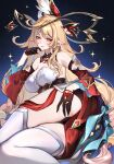  1girl absurdres alice_(genshin_impact) ass black_gloves blonde_hair breasts closed_mouth commission cowlick detached_sleeves dress elf english_commentary genshin_impact gloves hat highres jewelry light_particles long_hair looking_at_viewer lying medium_breasts night on_side pointy_ears red_eyes red_sleeves ring sakichka second-party_source sky smile solo star_(sky) star_(symbol) starry_sky strapless strapless_dress thighhighs thighs very_long_hair white_thighhighs witch_hat 