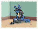  3_fingers 3_toes advos ambiguous_gender animated anthro artist_name canid canine digital_media_(artwork) eyes_closed feet fingers fur inside lucario mammal nintendo pawpads pok&eacute;mon pok&eacute;mon_(species) scratching sitting solo toes video_games wall_(structure) 