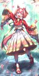  1girl absurdres animal_ears blush bow camellia_print cherry_blossoms commentary_request ear_bow ear_covers floral_print flower-shaped_pupils flower_in_eye hakama haru_urara_(new_year_new_urara!)_(umamusume) haru_urara_(umamusume) highres horse_ears horse_girl horse_tail japanese_clothes kimono long_sleeves looking_at_viewer official_alternate_costume open_mouth pink_eyes pink_hair pink_hakama red_kimono short_hair single_ear_cover smile socks solo symbol-shaped_pupils symbol_in_eye tail teeth uji_(966qrr) umamusume upper_teeth_only waving white_hakama white_socks wide_sleeves 