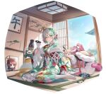  3girls absurdres animal_ears aoi_13 architecture bonsai bottle brown_hair cat_ears cat_girl cecilia_immergreen cecilia_immergreen_(new_year) chattino_(raora_panthera) chibi choko_(cup) commentary_request cup east_asian_architecture elizabeth_rose_bloodflame gigi_murin gigi_murin_(new_year) gloves green_kimono green_streaks grey_hair heater highres holding holding_cup hololive hololive_english hood hood_down japanese_clothes kimono kotatsu looking_at_viewer medium_hair multicolored_hair multiple_girls no_shoes official_alternate_costume otomo_(cecilia_immergreen) raora_panthera raora_panthera_(new_year) sake_bottle solo streaked_hair table two-tone_hair virtual_youtuber white_gloves white_kimono winding_key 