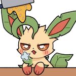  ambiguous_gender blush breath cookware cute_fangs eeveelution feral food half-closed_eyes kitchen_utensils leafeon narrowed_eyes nintendo open_mouth park_horang pok&eacute;mon pok&eacute;mon_(species) simple_background solo tools video_games 