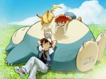  1boy 1girl aihara-rina arms_behind_head arms_up ash_ketchum bare_shoulders black_hair black_shirt blue_jacket blue_shorts blue_sky closed_eyes closed_mouth cloud cloudy_sky commentary_request crossed_legs dated denim elbow_rest facing_another flower flying_sweatdrops foot_out_of_frame grass high_side_ponytail highres horizon jacket jeans lying misty_(pokemon) on_back on_stomach open_clothes open_jacket orange_hair outdoors pants parted_lips pikachu pokemon pokemon_(anime) pokemon_(classic_anime) pokemon_(creature) shirt short_hair shorts signature sitting sky smile snorlax tank_top togepi yellow_tank_top 