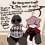 1upgobbo amphibian anthro bodily_fluids bulge clothing dialogue digital_media_(artwork) duo english_text femboy frog hair hair_over_eyes hector_(1upgobbo) jacket leotard male pattern_clothing plaid plaid_clothing sad tears text thick_thighs topwear