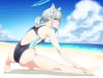  1girl animal_ear_fluff animal_ears ass bangs beach black_swimsuit blue_archive blue_eyes blue_sky breasts cloud commentary_request competition_swimsuit cross_hair_ornament day extra_ears from_behind full_body grey_hair hair_ornament halo hapototo highres horizon low_ponytail medium_breasts medium_hair multicolored_clothes multicolored_swimsuit one-piece_swimsuit outdoors profile shiroko_(blue_archive) shiroko_(swimsuit)_(blue_archive) sky solo stretching swimsuit 