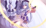  1girl ahoge armor armpits artist_name bangs beret blue_hair dress griseo hair_ornament hat helmet highres holding holding_brush honkai_(series) honkai_impact_3rd izukei long_hair looking_at_viewer palette_(object) purple_eyes solo twintails white_dress 