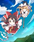  2girls absurdres ascot bangs black_eyes black_footwear black_hair black_headwear blonde_hair blue_sky bow braid broom broom_riding brown_eyes closed_mouth cloud detached_sleeves flying full_body gohei hair_bow hakurei_reimu hat hat_bow highres holding kirisame_marisa light_rays looking_at_viewer medium_hair mountain multiple_girls namori_(style) outdoors red_bow ribbon-trimmed_sleeves ribbon_trim sasaki_sakiko short_sleeves side_braid single_braid sky smile touhou v-shaped_eyebrows white_bow wide_sleeves witch_hat yellow_ascot yellow_eyes 