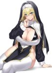  1girl absurdres arm_support blonde_hair blue_eyes blush breasts cleavage closed_mouth hair_between_eyes highres huge_breasts long_hair long_sleeves looking_at_viewer nun original simple_background smile thighhighs white_background white_thighhighs yamanokami_eaka 