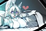  &lt;3 2:3 5_fingers anthro bed big_breasts black_nose blep bottomless breasts canid canine canis cheek_tuft clothed clothing digital_media_(artwork) dress_shirt eyebrow_through_hair eyebrows eyelashes facial_tuft fangs female fingers front_view fur furniture grey_body grey_fur hair hi_res inner_ear_fluff inviting kemono long_hair mammal multicolored_body multicolored_fur okami_bark on_bed ookamiwaho open_clothing open_shirt open_topwear ponytail purple_eyes reaching_towards_viewer shaded shirt shirt_only solo tongue tongue_out topwear topwear_only translucent translucent_hair tuft two_tone_body two_tone_fur unbuttoned_shirt under_covers white_body white_fur white_hair wolf 