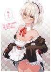  1girl azur_lane bangs bare_shoulders blunt_bangs blush breasts clothes_pull commentary_request cowboy_shot detached_collar enterprise_(hms)_(azur_lane) frown highres lifted_by_self maid_headdress nipples panties round_eyewear short_hair sleeves_past_fingers sleeves_past_wrists small_breasts solo supurai translation_request underwear white_hair white_panties yellow-framed_eyewear yellow_eyes 