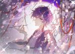  1boy bishounen cherry_blossoms diffraction_spikes earrings facial_mark falling_petals from_side fur hakama haori highres japanese_clothes jewelry lens_flare light_smile male_focus multicolored_hair nijisanji nijisanji_en petals profile purple_eyes purple_hair short_hair smile smoke smoking_pipe solo sparkle string string_of_fate tassel tassel_earrings uki_violeta virtual_youtuber wind zhu_mo_jian 