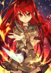  1girl fire furrowed_brow hungry_clicker katana long_hair looking_at_viewer orange_eyes red_hair school_uniform serafuku serious shakugan_no_shana shana skirt solo sword thighhighs weapon 