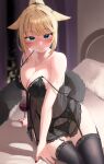  1girl animal_ears avatar_(ff14) babydoll bare_arms bare_shoulders bed black_panties black_thighhighs blonde_hair blue_eyes breasts cat_ears cat_girl cat_tail cleavage collarbone commission cup drinking_glass facial_mark final_fantasy final_fantasy_xiv garter_belt highres lace_trim large_breasts lingerie long_hair looking_at_viewer miqo&#039;te morros nail_polish navel on_bed panties parted_lips ponytail red_nails see-through skeb_commission solo spaghetti_strap strap_gap strap_slip string_panties sweatdrop tail thighhighs thighs underwear underwear_only wine_glass 