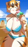  5_fingers absurd_res anthro arknights beach big_breasts bikini breasts clothing dessert digital_media_(artwork) dripping eyes_closed felid female fingers food fur hair hi_res holding_food holding_object hypergryph ice_cream mammal midriff mx99926 navel open_mouth outside pantherine sand seaside sky smile solo studio_montagne swimwear tiger video_games waaifu_(arknights) water white_body white_fur 