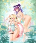  2girls arm_strap ass bare_shoulders blonde_hair blush breasts cleavage closed_mouth food fruit full_body hair_intakes hair_ornament highres innertube lemon long_hair looking_at_viewer multiple_girls obiwan one-piece_swimsuit original parted_lips purple_eyes purple_hair red_eyes signature smile standing swimsuit thigh_strap thighs weisuoxin white_swimsuit 