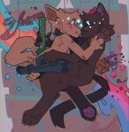  ambiguous_gender anthro bong canid canine deceased_bunny_(artist) drugs duo ear_piercing felid feline female lean_(beverage) love male male/female mammal marijuana mechanical_leg piercing smoke spill spilled_drink spilled_liquid spilling star yin_yang 