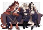  3boys alcohol animal_ears armband beer beer_mug black_hair blue_pants bow bread claws closed_eyes collared_jacket collared_shirt couch crossed_legs cup digitigrade dragon_boy dragon_horns dragon_tail drinking_glass epaulettes facing_another facing_to_the_side fangs food full_body furry furry_male gloves grin hair_bow hands_up highres holding holding_cup holding_food horns karana_cat long_hair long_sleeves male_focus mug multiple_boys neck_fur open_clothes open_mouth original pants pointy_ears ponytail red_bow red_scales scales sharp_teeth shirt sidelocks sitting smile tail teeth topless_male wavy_hair white_background white_footwear white_gloves white_hair white_shirt wine wine_glass wolf_boy wolf_ears wolf_tail yellow_eyes 