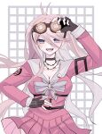  1girl :d antenna_hair bangs barbed_wire black_choker black_gloves blonde_hair blue_eyes breasts choker cleavage danganronpa_(series) danganronpa_v3:_killing_harmony fangs fingerless_gloves gloves goggles goggles_on_head grey_background highres iruma_miu komatta_nagito large_breasts long_hair long_sleeves medium_skirt pink_shirt pink_skirt pleated_skirt sailor_collar shirt skirt smile solo teeth upper_teeth 