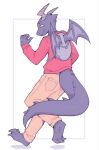  animal_humanoid anthro backpack barefoot clothed clothing dragon dragon_humanoid feet fully_clothed happy hi_res horn humanoid loft_(artist) male nidhogg_(green_tea) orange_eyes purple_body simple_background solo spiked_tail spikes spikes_(anatomy) white_background wings 