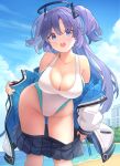  1girl :d absurdres bangs bare_shoulders beach black_skirt blue_archive blue_sky blush breasts cleavage clothes_pull collarbone competition_swimsuit day groin halo highres jacket large_breasts long_hair long_sleeves looking_at_viewer nomio ocean off_shoulder one-piece_swimsuit open_clothes open_jacket open_mouth outdoors purple_hair skirt skirt_pull sky smile swimsuit teeth two_side_up undressing upper_teeth water white_jacket white_swimsuit yuuka_(blue_archive) 