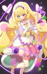  1girl blonde_hair blue_eyes bridal_gauntlets brooch cure_finale delicious_party_precure heart_brooch highres jewelry kasai_amane long_hair looking_at_viewer magical_girl open_mouth precure rumo smile solo standing standing_on_one_leg tiara very_long_hair 